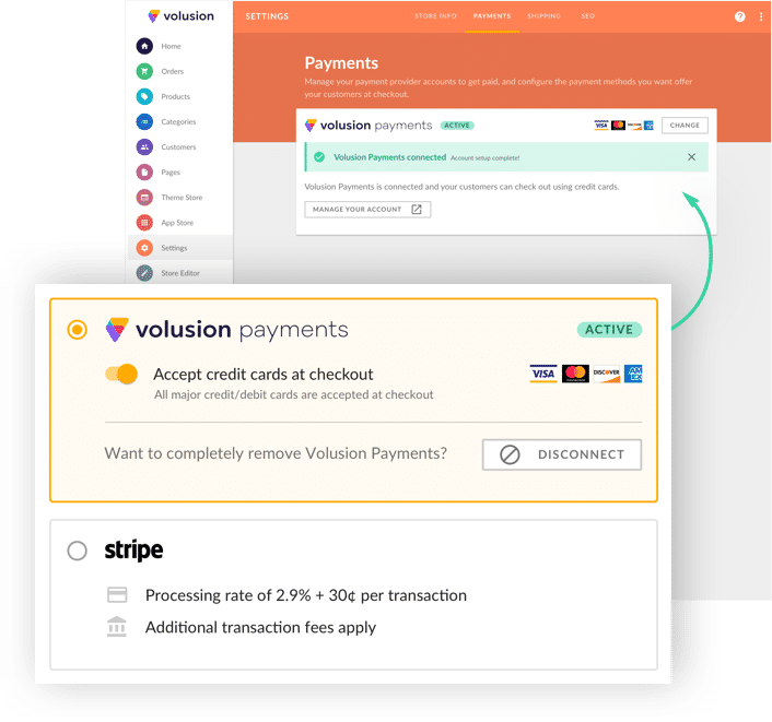Volusion Payments makes it easy to process credit card transactions through your ecommerce store admin